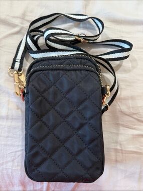 Quilted Black Crossbody Phone Pouch with Striped Strap